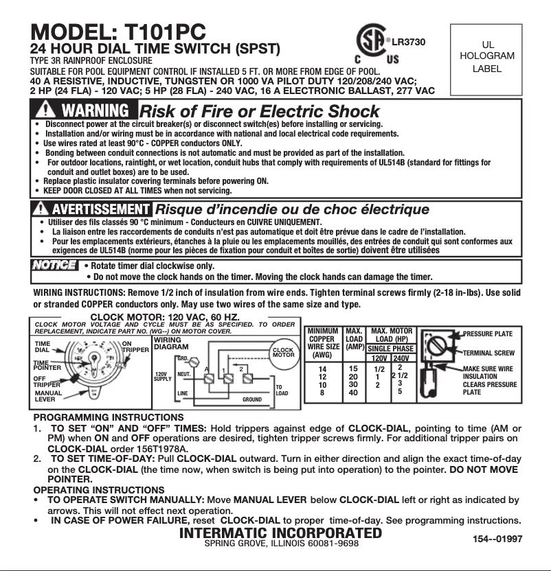 Page n°1 - Manuel utilisateur Intermatic T101PC