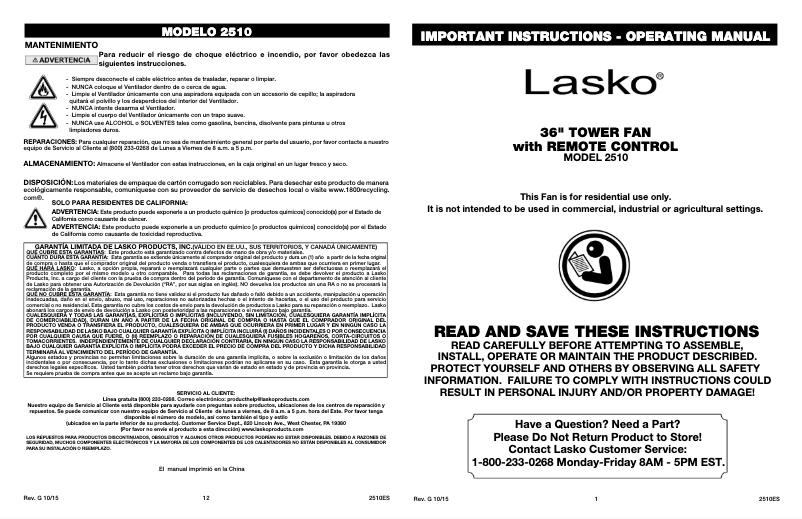 Page 1 de la notice Manuel utilisateur Lasko 2510