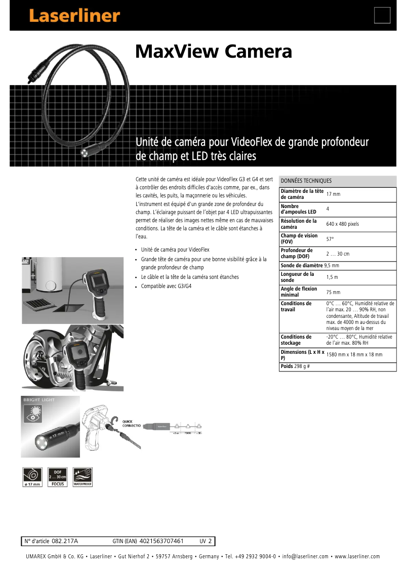 Page 1 de la notice Fiche technique Laserliner MaxView Camera