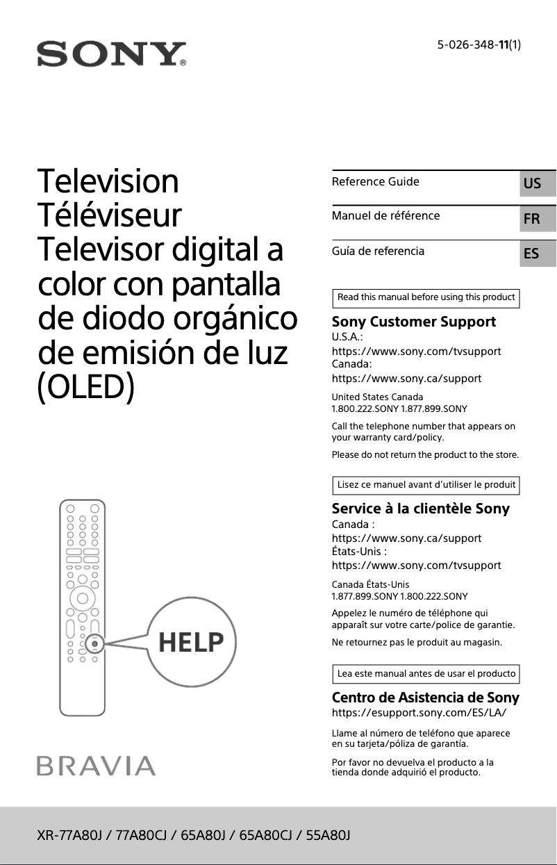 Page 1 de la notice Manuel utilisateur Sony Bravia OLED XR-77A80J