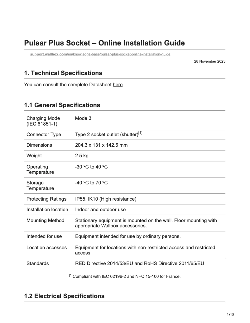 Page n°1 - Guide d'installation Wallbox Pulsar Plus Socket