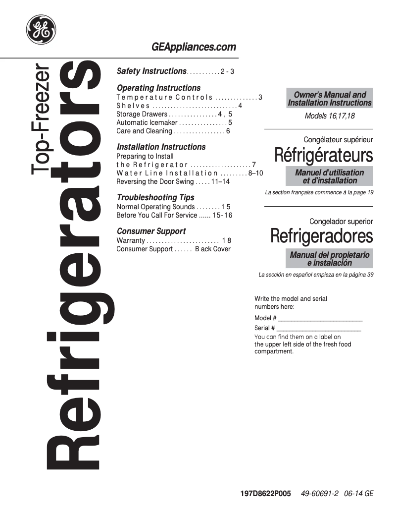 Page 1 de la notice Guide d'installation GE GTZ18GCESS