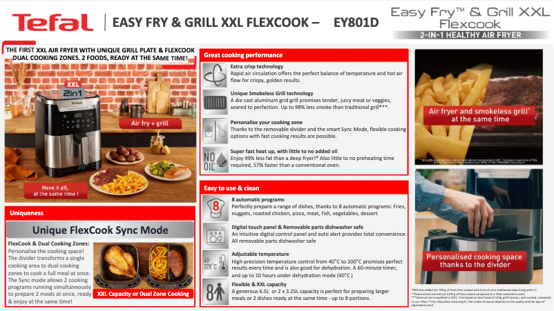 Page 1 de la notice Fiche technique Tefal Easy Fry & Grill XXL EY801D