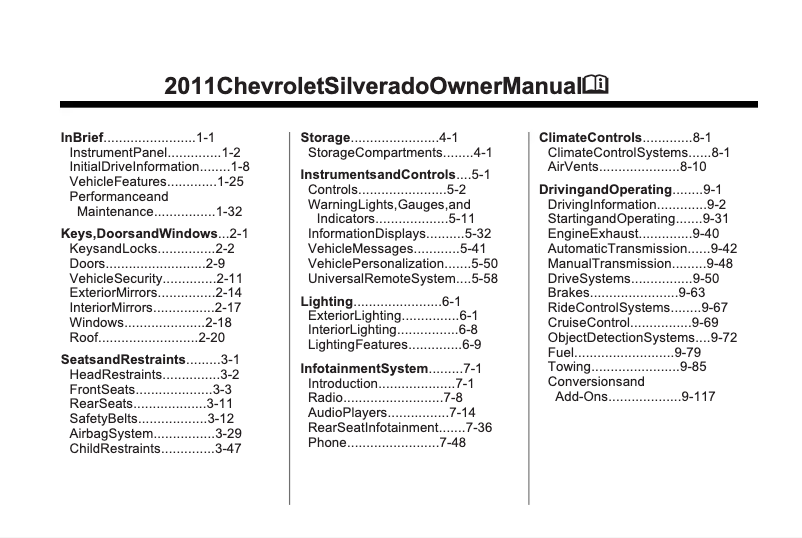 Image de la première page du manuel de l'appareil Silverado 1500 (2011)