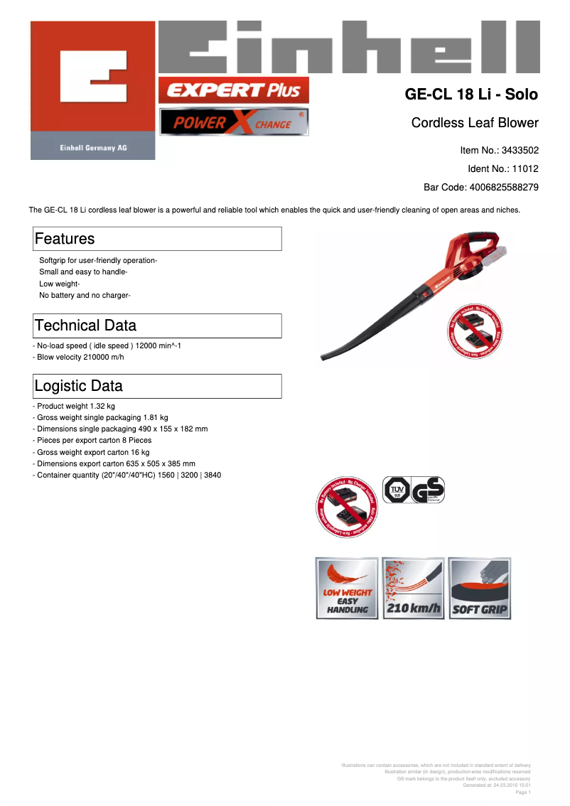 Page n°1 - Fiche technique Einhell GE-CL 18 Li-Solo