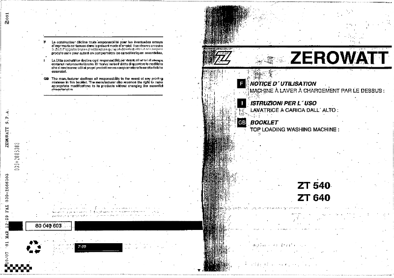 Image de la première page du manuel de l'appareil ZT 540