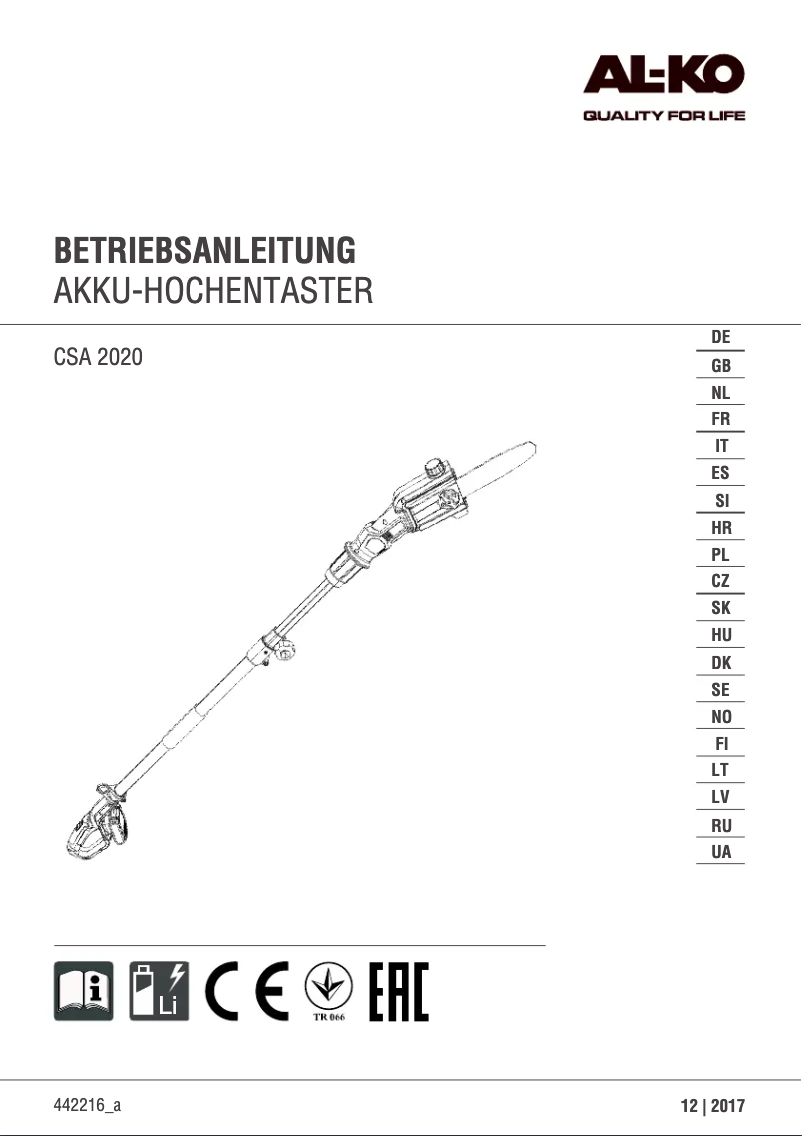 Page 1 de la notice Manuel utilisateur AL-KO CSA 2020