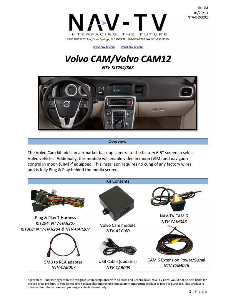 Page n°1 - Manuel utilisateur NAV-TV NTV-KIT368