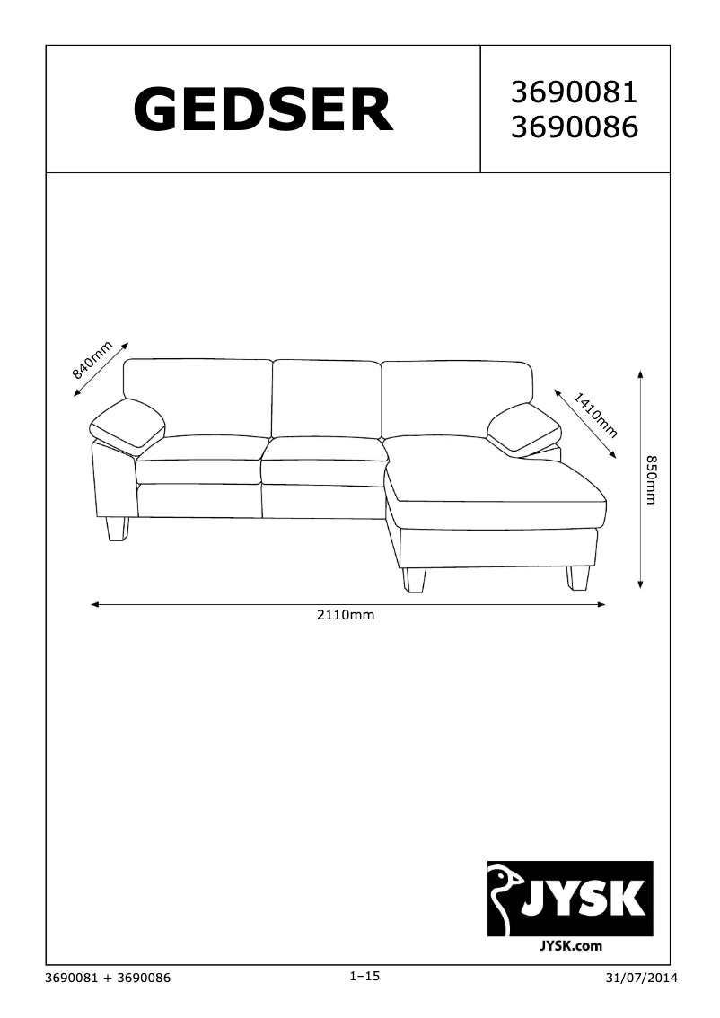 Page 1 de la notice Manuel utilisateur JYSK Gedser (211x85x141)
