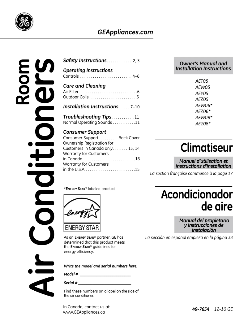 Page n°1 - Guide d'installation GE AEY05LQ