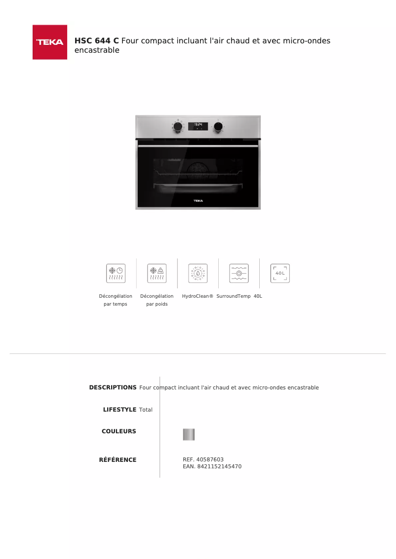 Page 1 de la notice Fiche technique Teka HSC 644 C