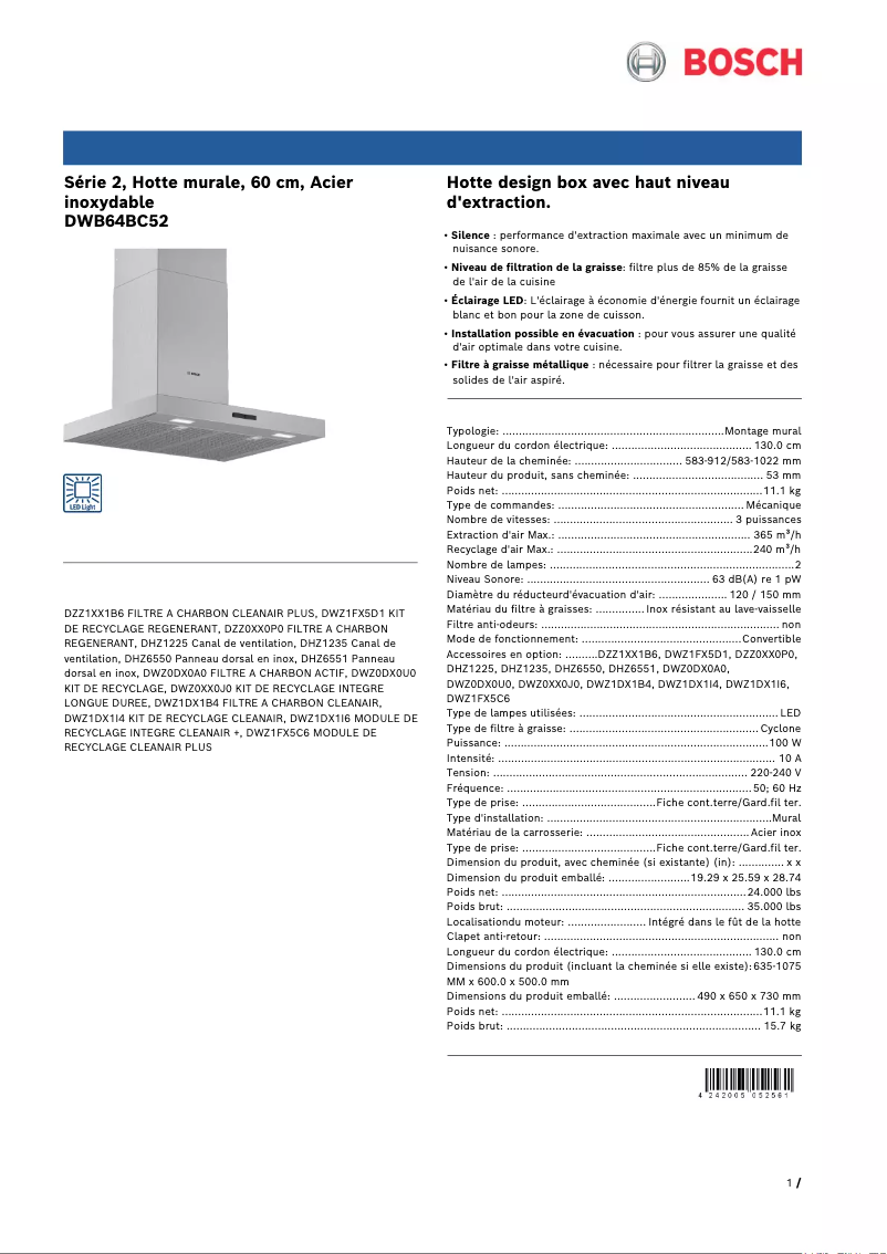 Page 1 de la notice Fiche technique Bosch DWB64BC52