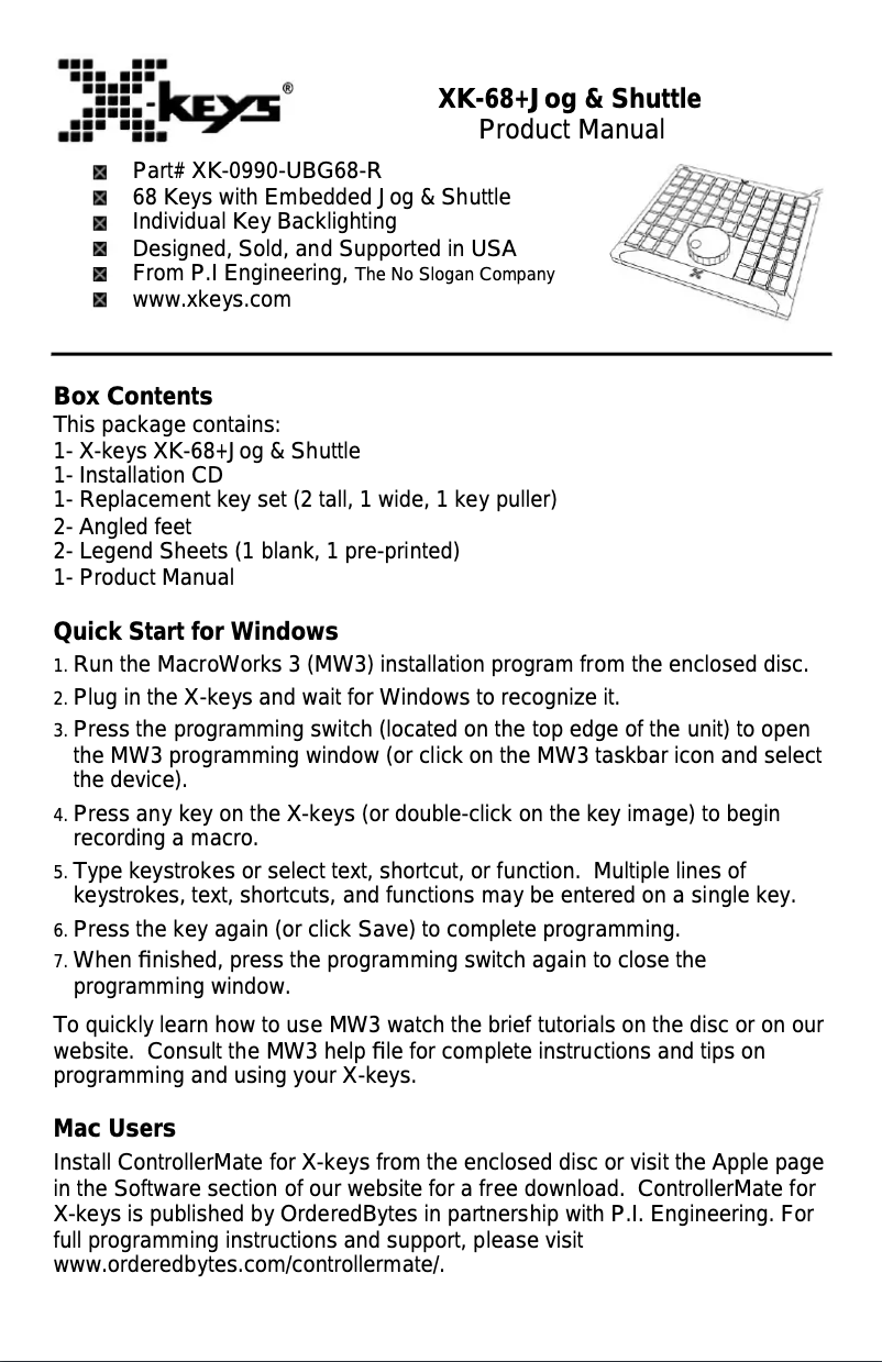Page 1 de la notice Manuel utilisateur X-keys XK-68