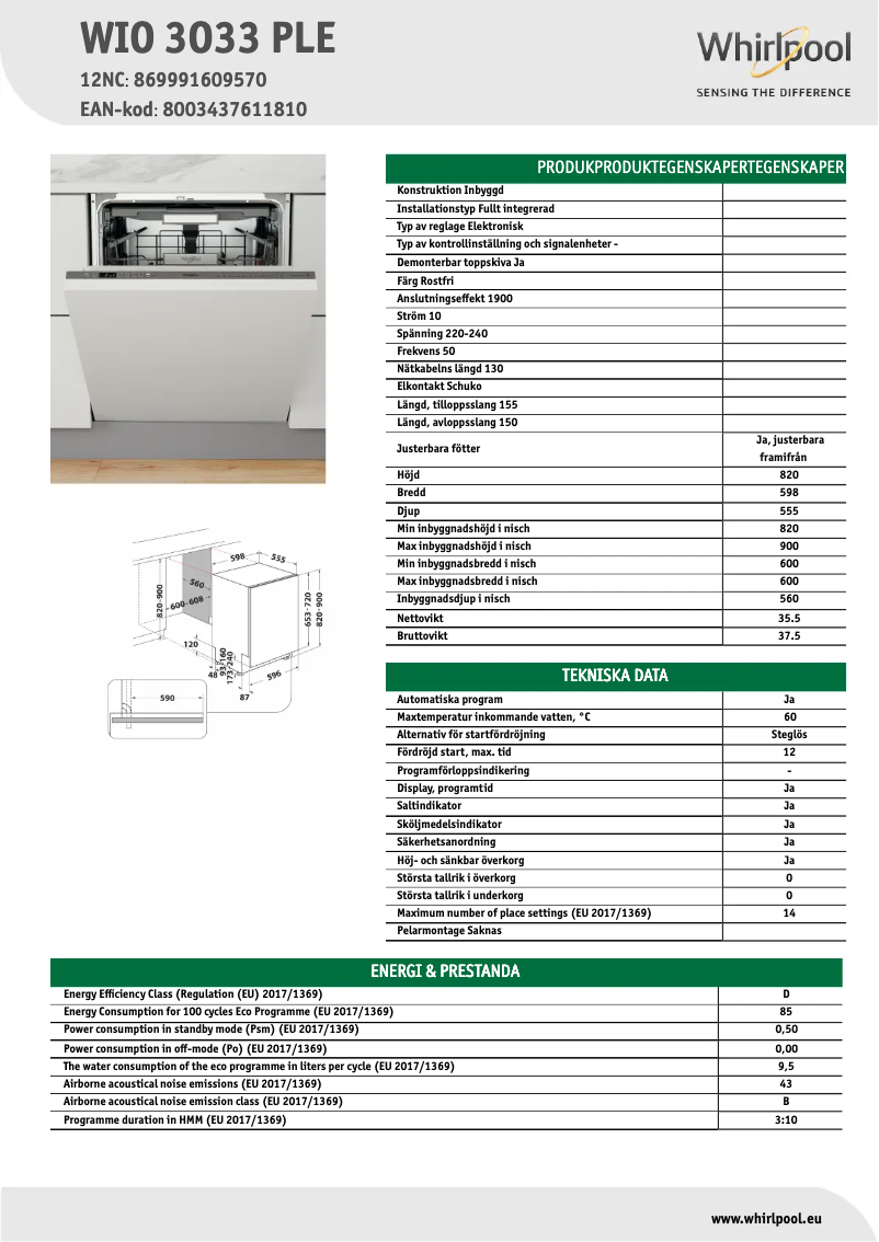 Page 1 de la notice Fiche technique Whirlpool WIO 3O33 PLE