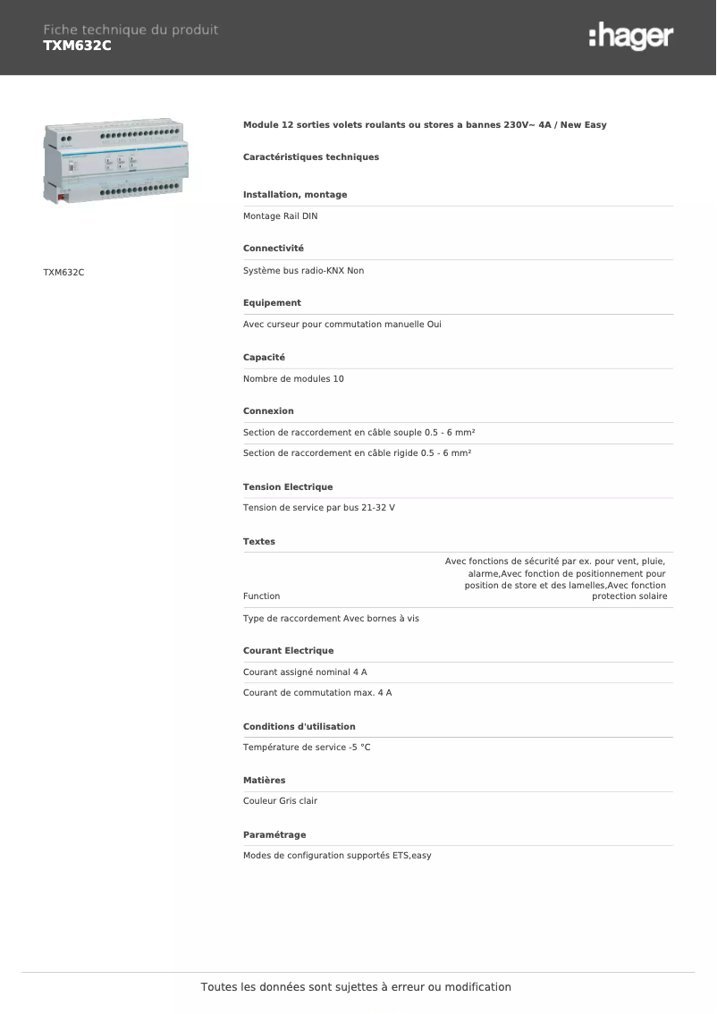 Page 1 de la notice Fiche technique Hager TXM632C