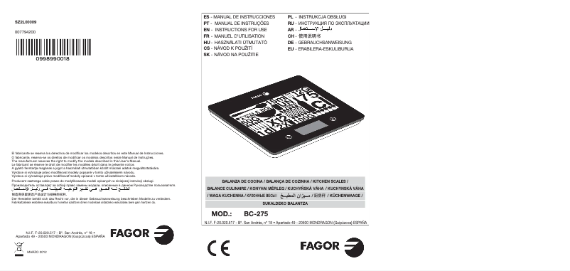 Page n°1 - Manuel utilisateur Fagor BC-275