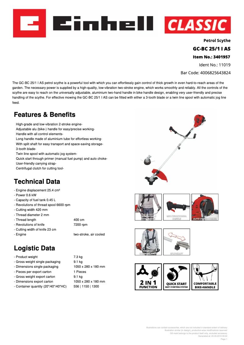 Page n°1 - Fiche technique Einhell GC-BC 25/1 I AS