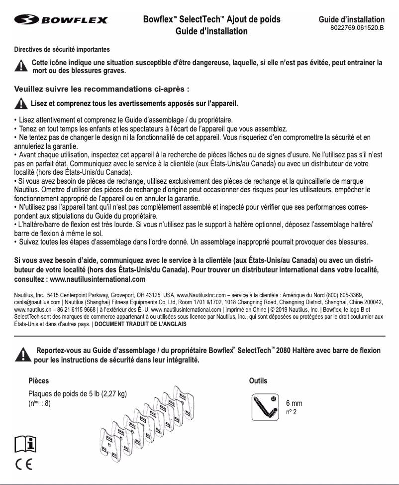 Page 1 de la notice Guide d'installation Bowflex SelectTech 2080