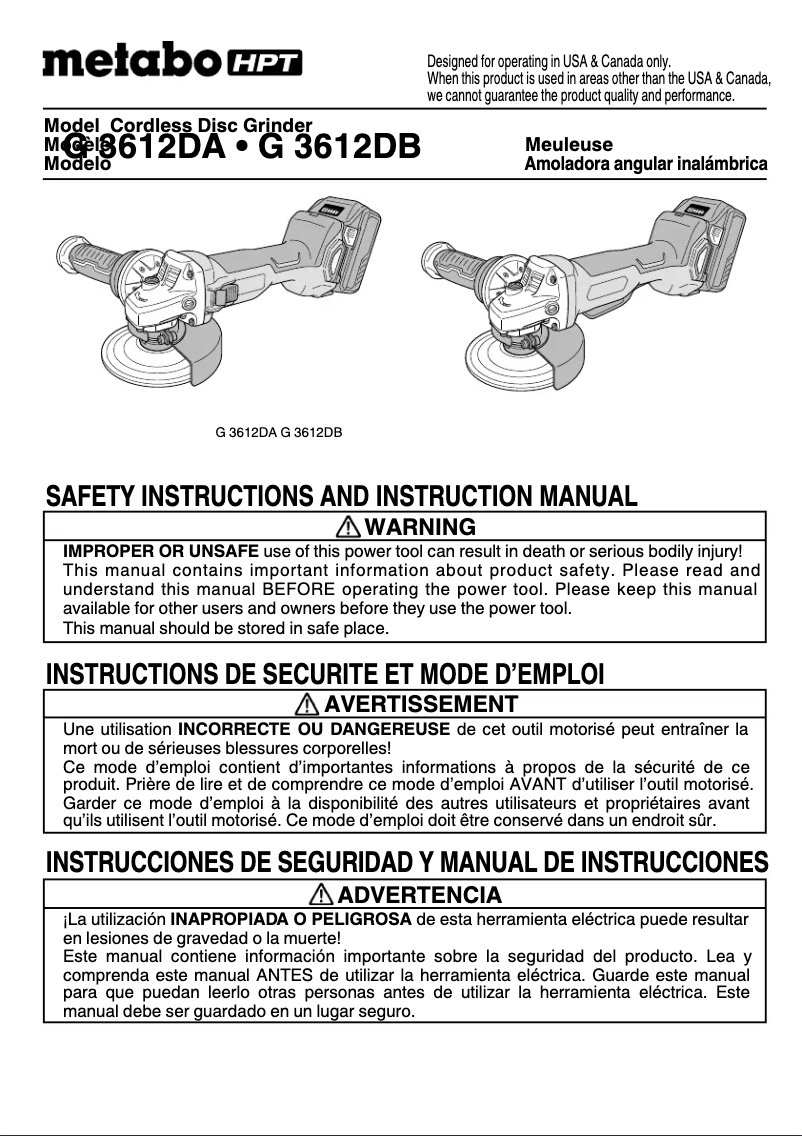 Page 1 of the manual User Manual Metabo G 3612DA
