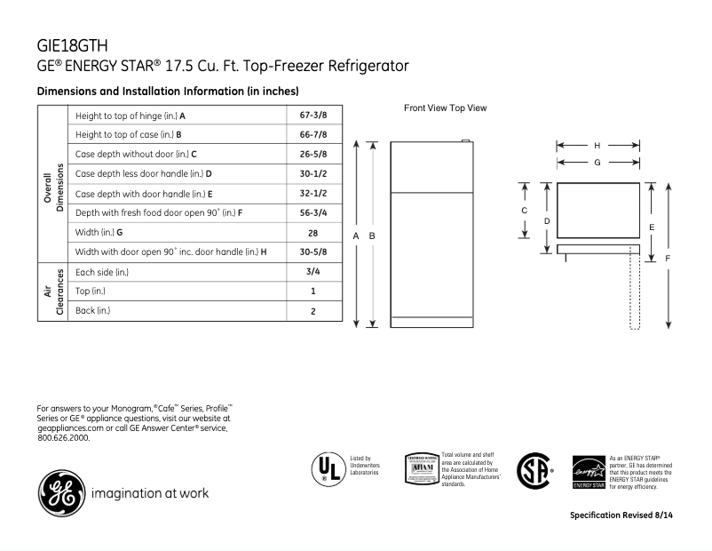 Page n°1 - Fiche technique GE GIE18GTHWW