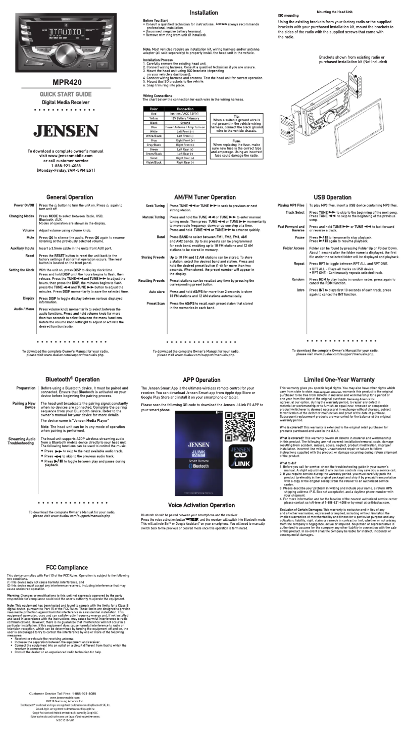 Page 1 de la notice Guide de démarrage rapide Jensen MPR420