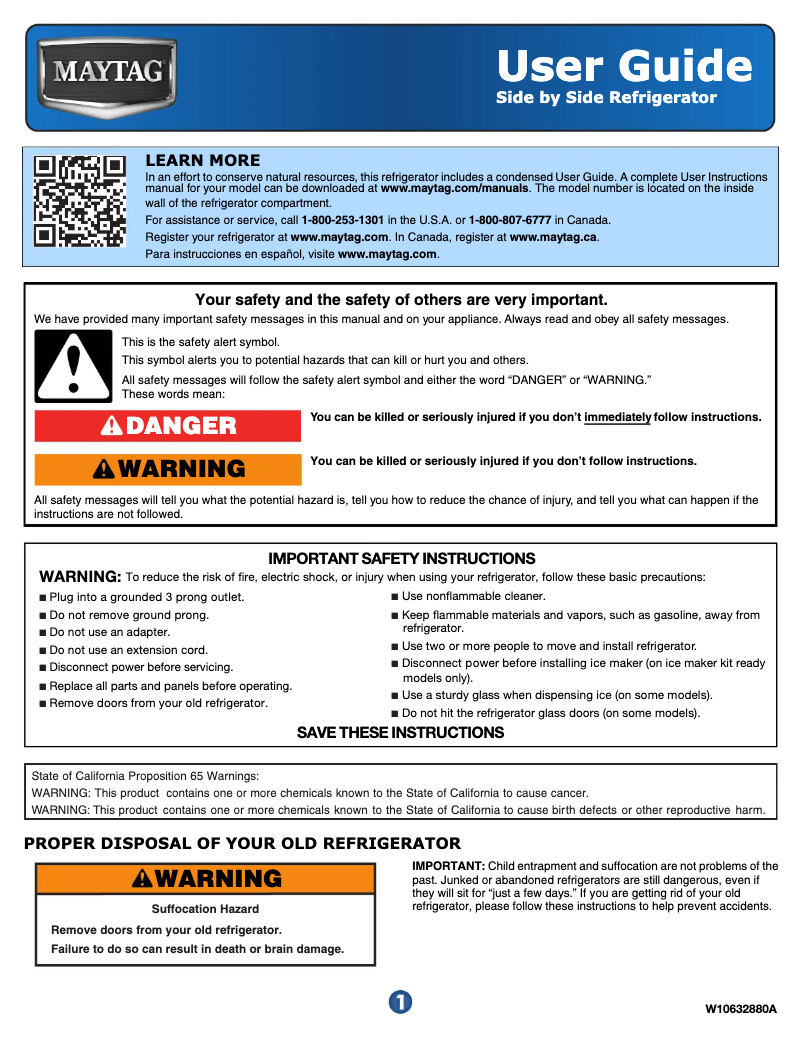 Page 1 de la notice Manuel d'utilisation et d'entretien Maytag MSB26C6MDE