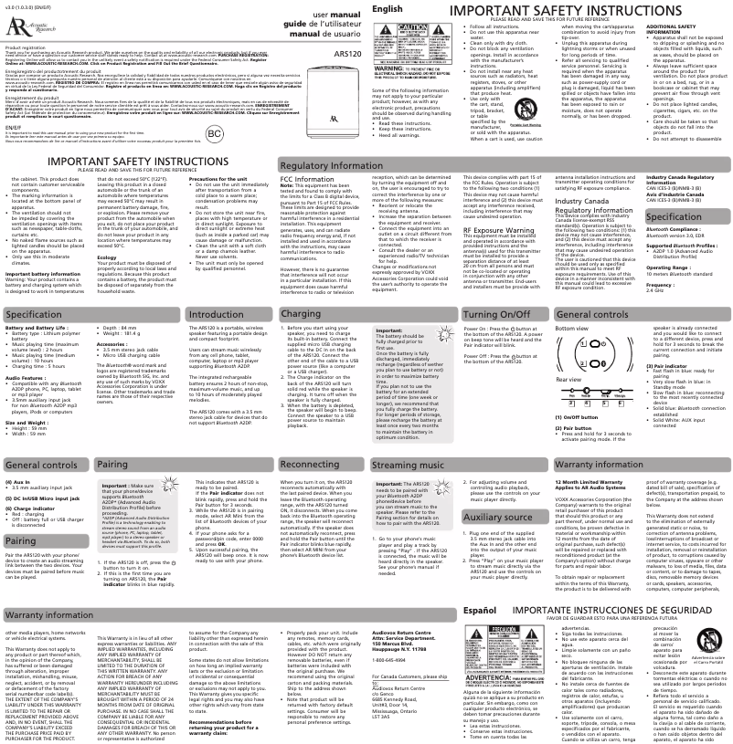 Page n°1 - Manuel utilisateur VOXX ARS120WH