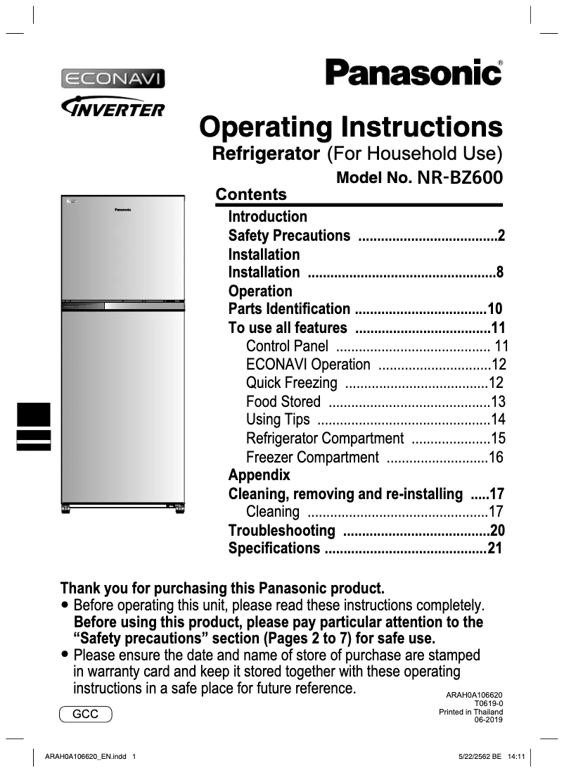 Page 1 de la notice Manuel utilisateur Panasonic NR-BZ600PS