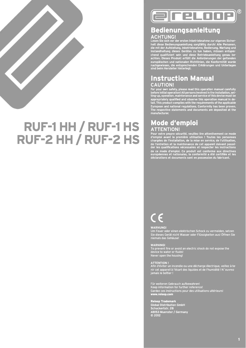 Page 1 de la notice Manuel utilisateur Reloop RUF-1 HS