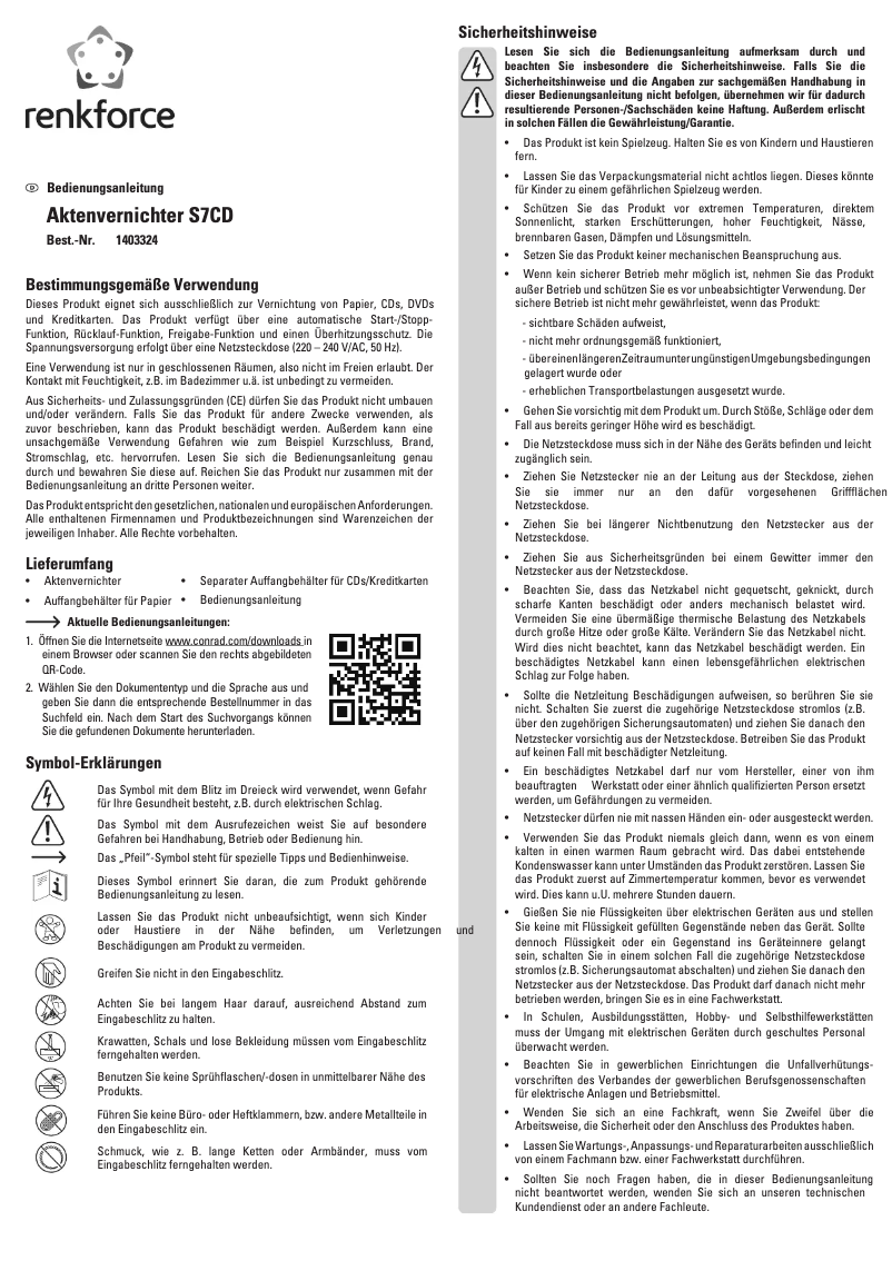 Page 1 de la notice Manuel utilisateur Renkforce S7CD