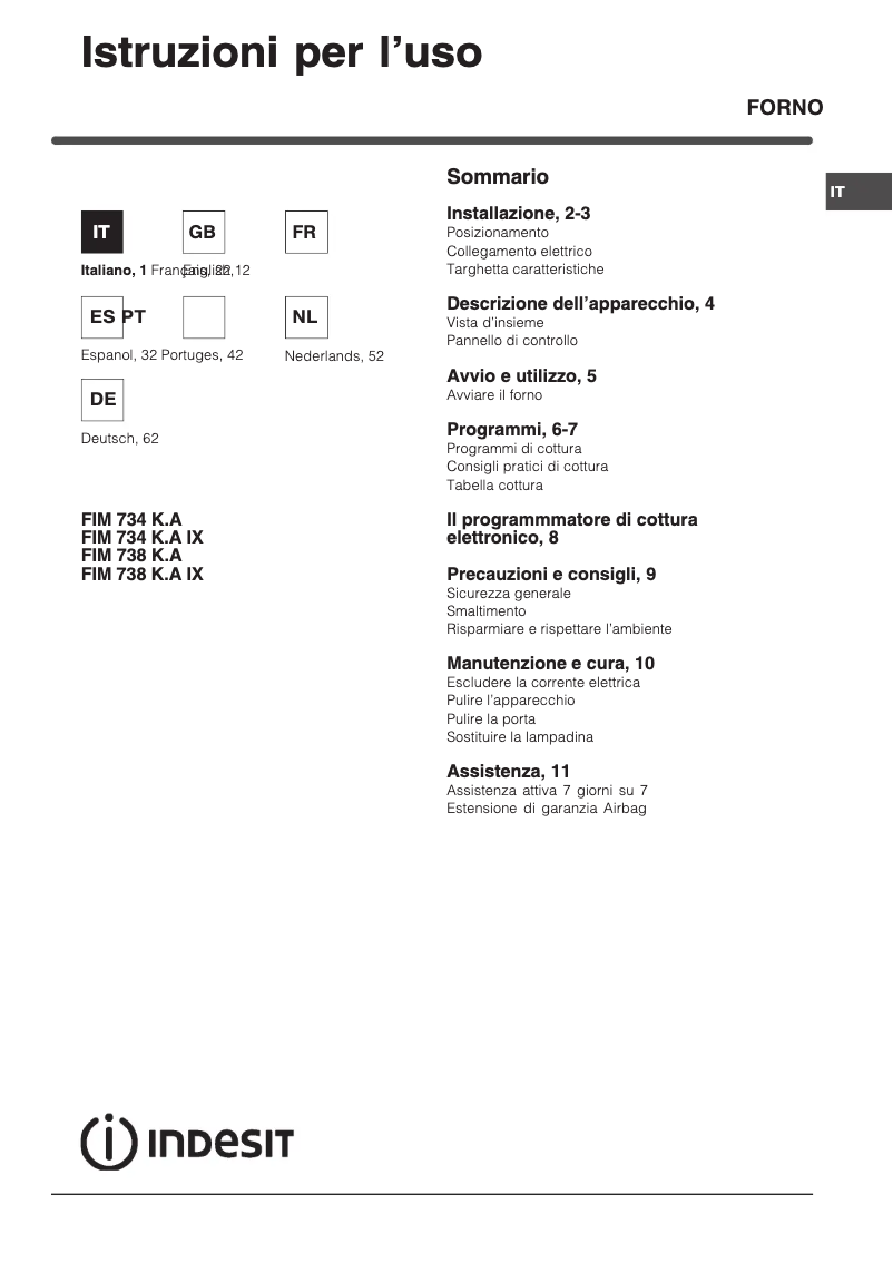 Page 1 de la notice Manuel utilisateur Indesit FIM 734 K.A IX