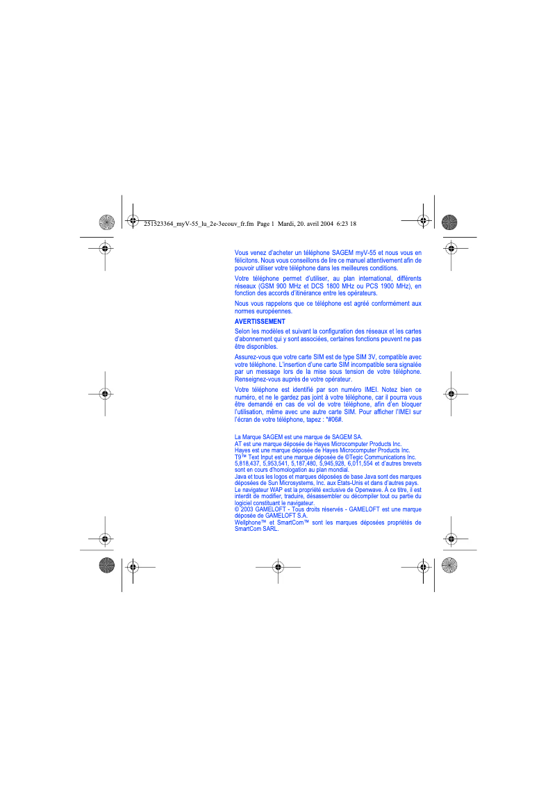 Page 1 de la notice Manuel utilisateur Sagem myV-55