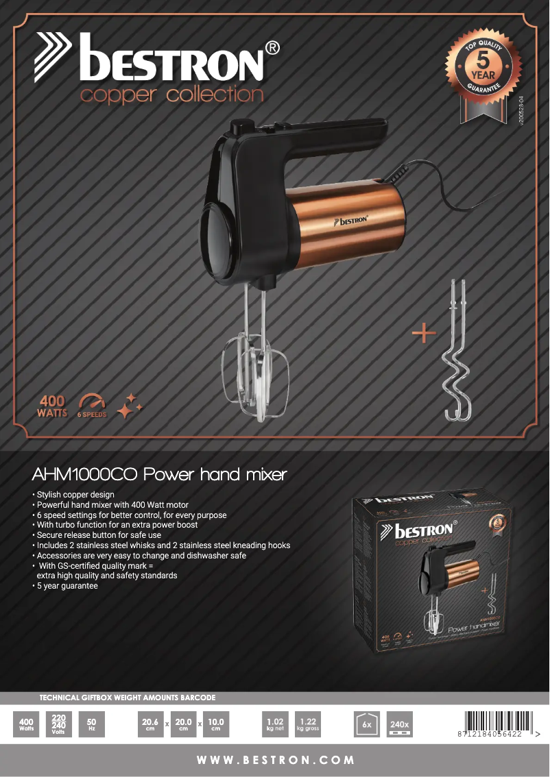 Page 1 de la notice Fiche technique Bestron AHM1000CO