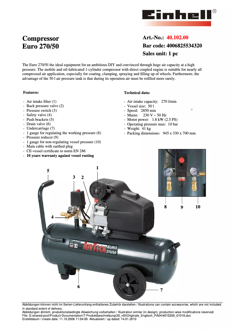Page n°1 - Manuel utilisateur Einhell Euro 270/50