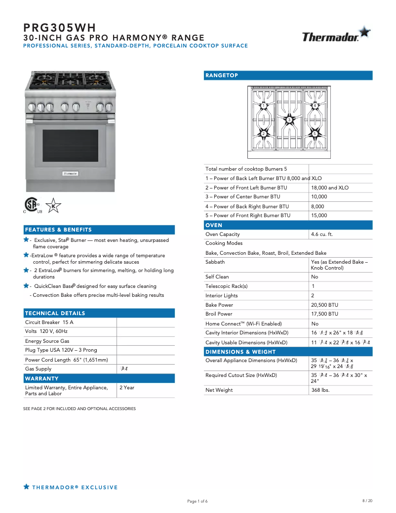 Page 1 de la notice Fiche technique Thermador PRG305WH