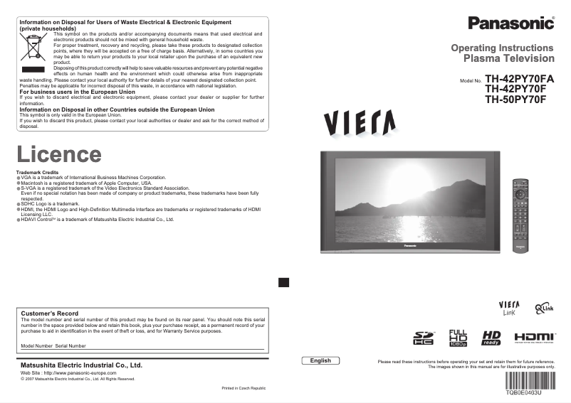 Page 1 de la notice Manuel utilisateur Panasonic Viera TH-50PY70F