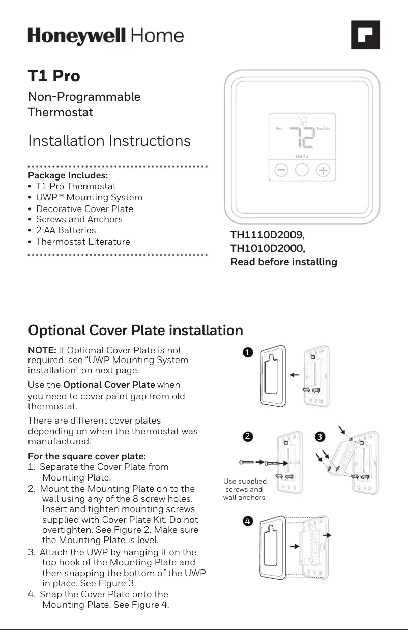 Page n°1 - Manuel utilisateur Honeywell TH1110D2009/U