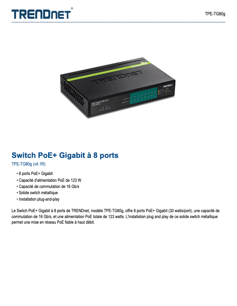 Page 1 de la notice Fiche technique TRENDnet TPE-TG80G