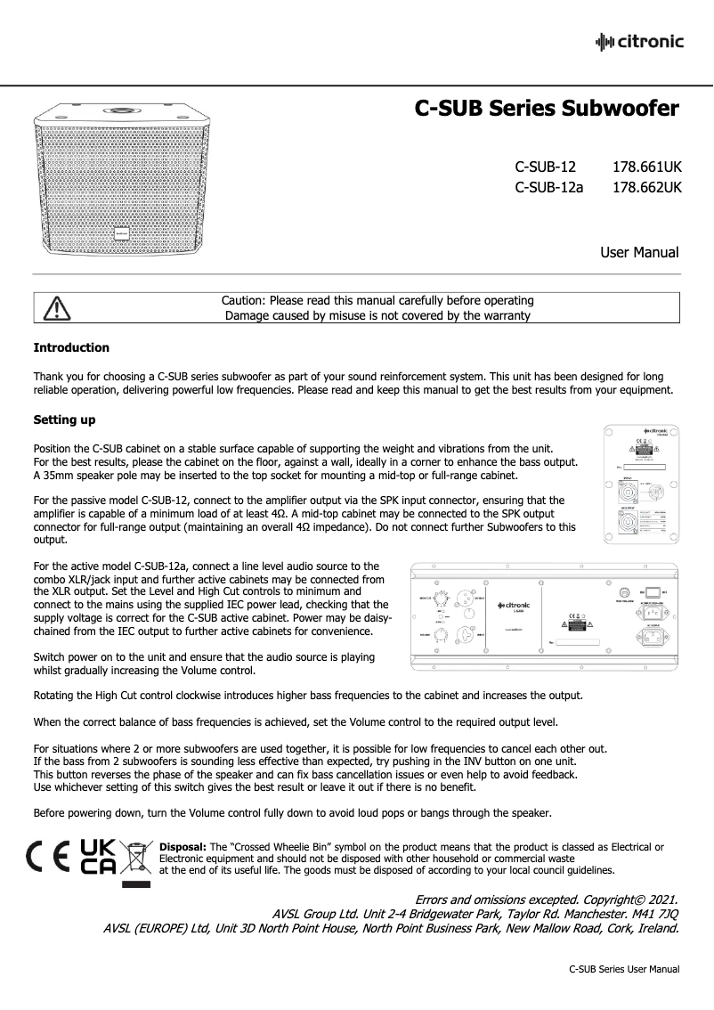 Page 1 de la notice Manuel utilisateur Citronic C-SUB-12