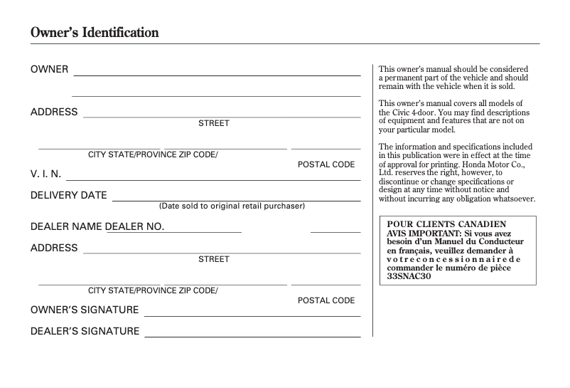 Page 1 de la notice Manuel utilisateur Honda Civic (2009)