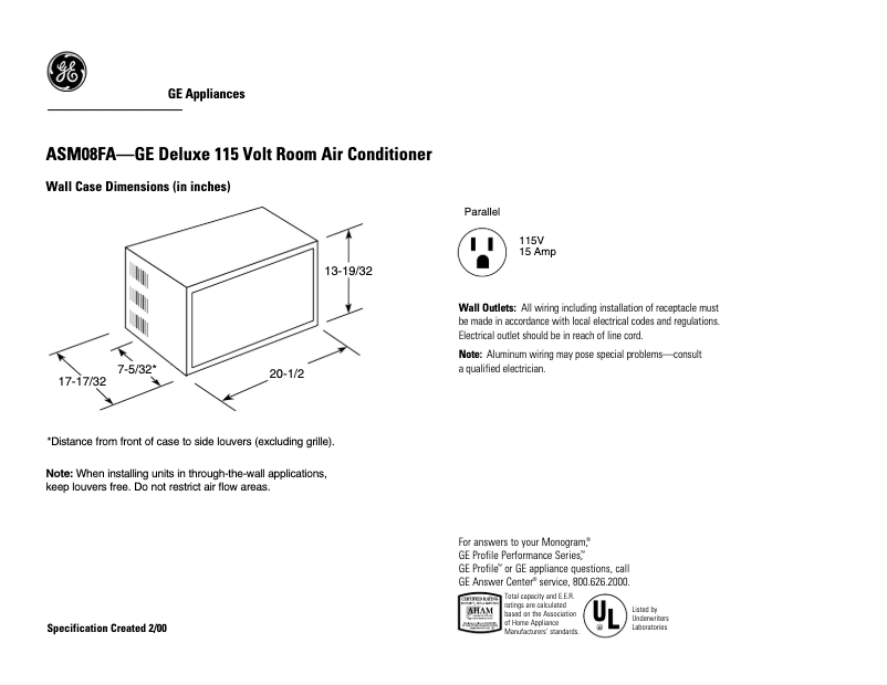 Page n°1 - Fiche technique GE ASM08FA