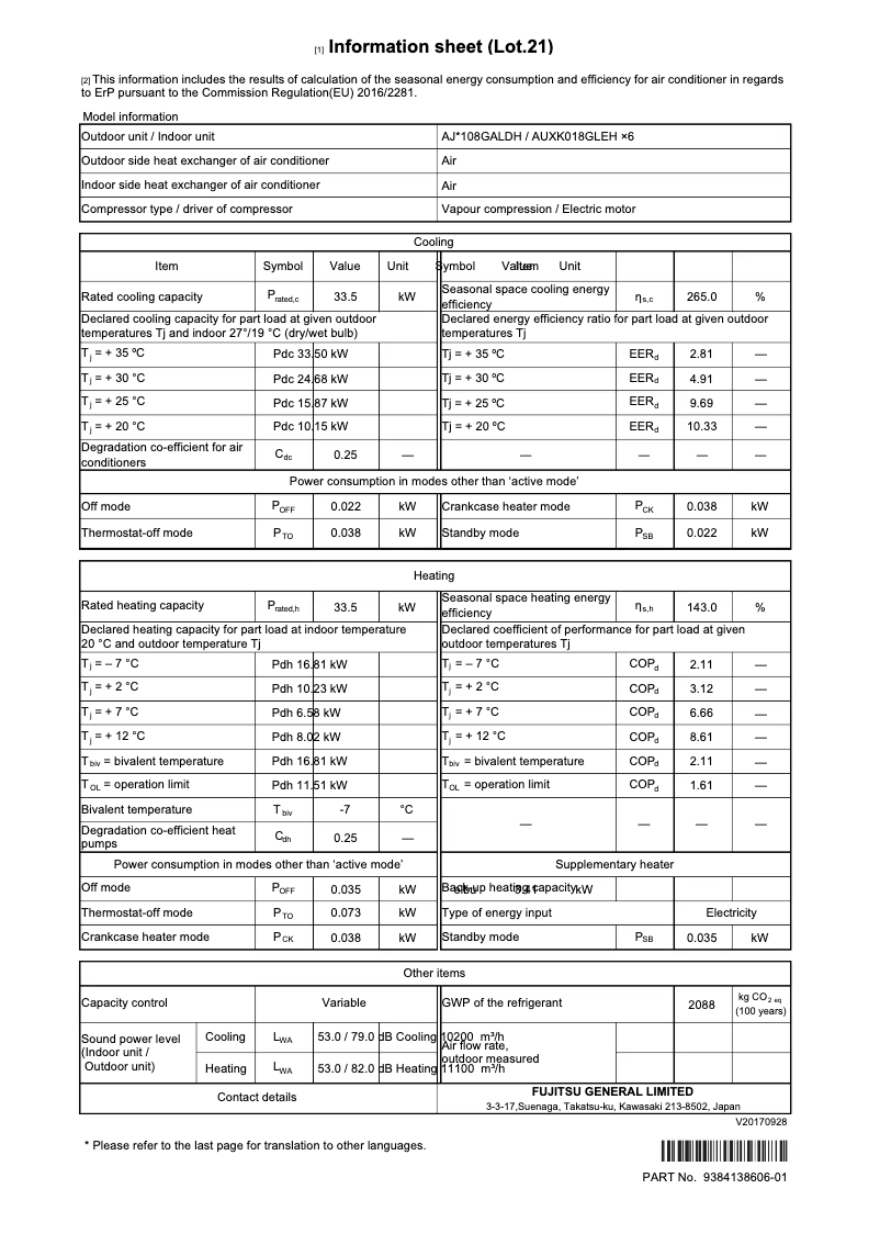 Page 1 de la notice Fiche technique Fujitsu Airstage AJH108GALDH
