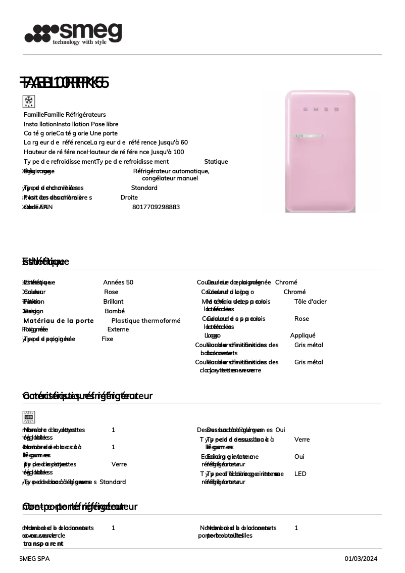 Page 1 de la notice Fiche technique Smeg FAB10RPK5