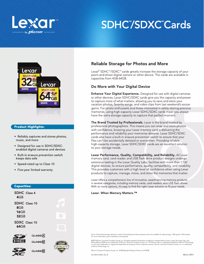 Page 1 de la notice Manuel utilisateur Lexar LSD64GABEUC10