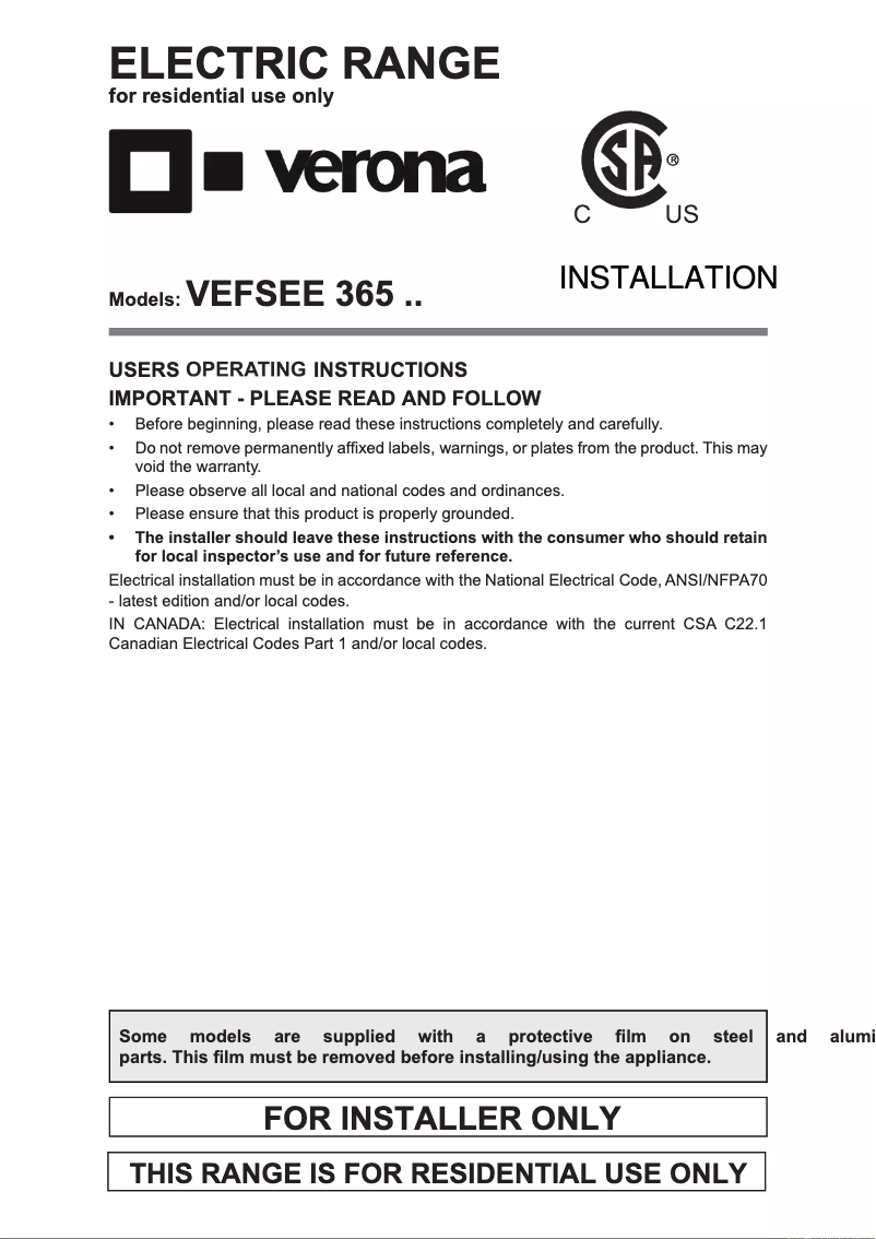 Page n°1 - Guide d'installation Verona VEFSEE365E