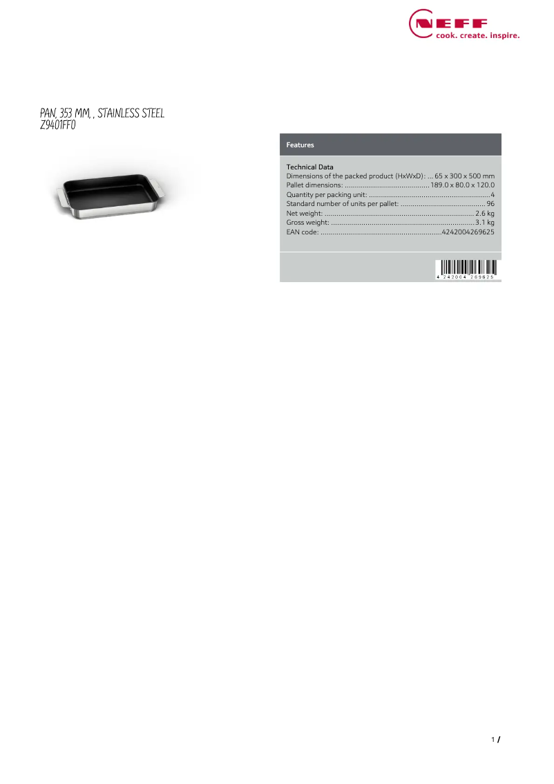 Page 1 de la notice Fiche technique Neff Z9401FF0