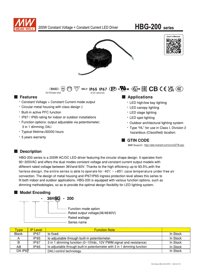 Page 1 de la notice Manuel utilisateur Mean Well HBG-200-48A