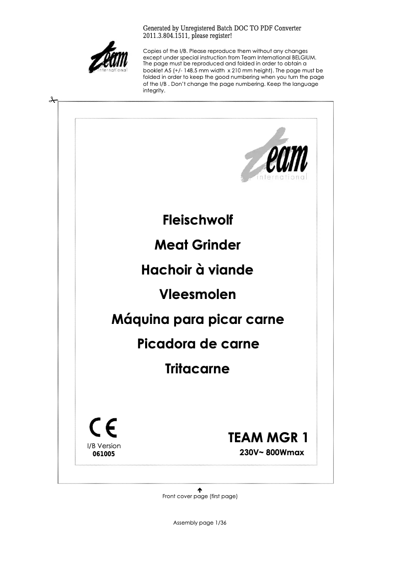 Image de la première page du manuel de l'appareil MGR 1