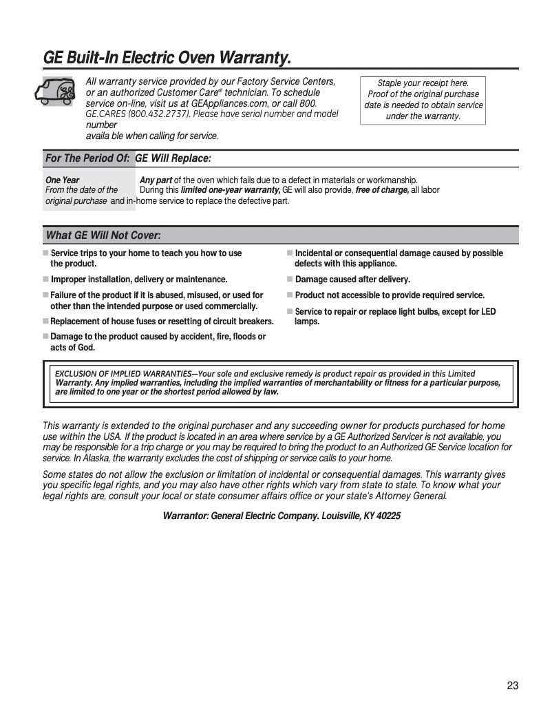 Page 1 de la notice Informations de garantie GE JRP20SKSS