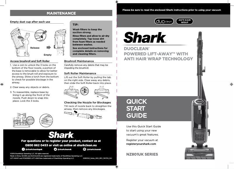 Page 1 de la notice Manuel utilisateur Shark DuoClean Powered Lift-Away NZ801UKT